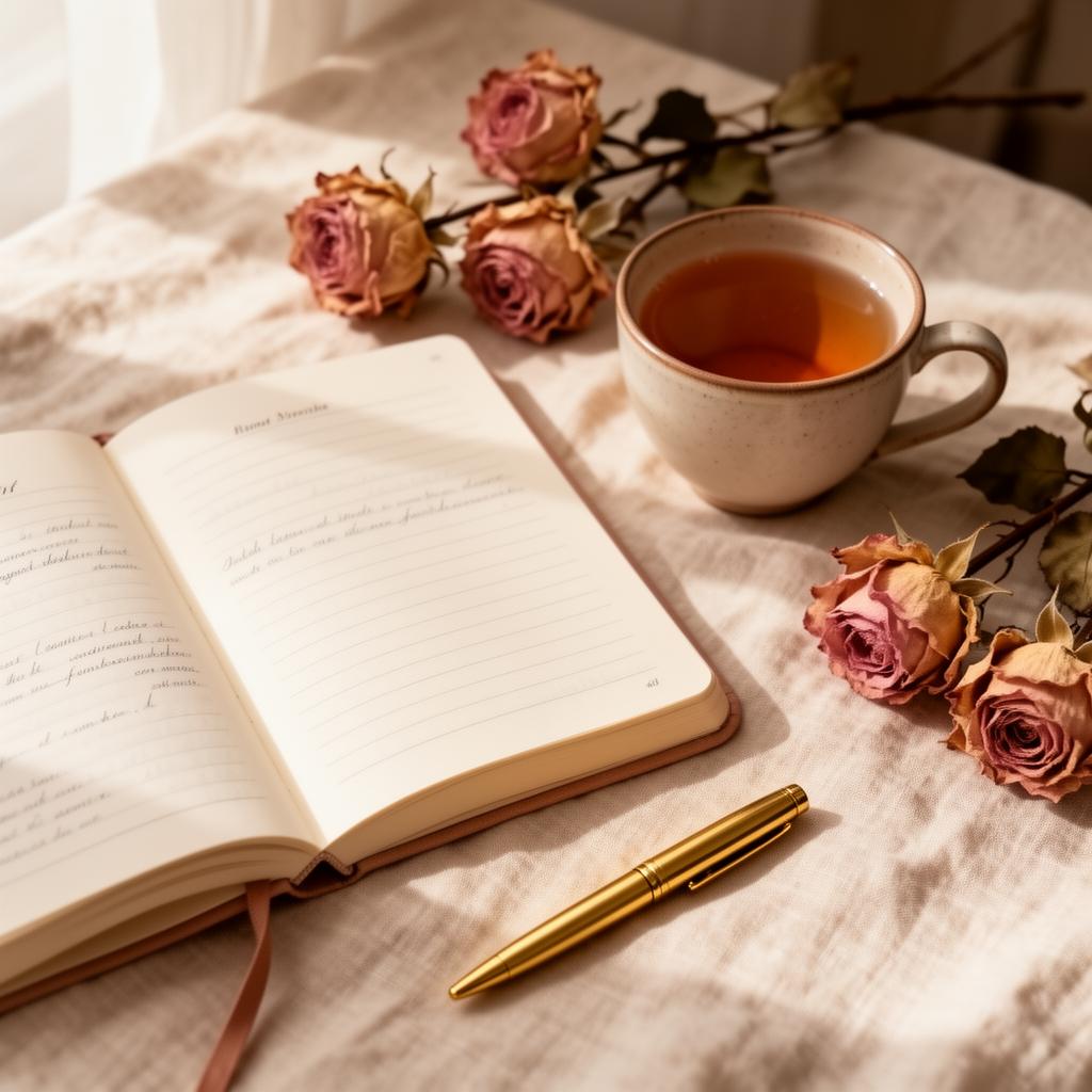 A quiet morning with a journal, tea, and dried roses